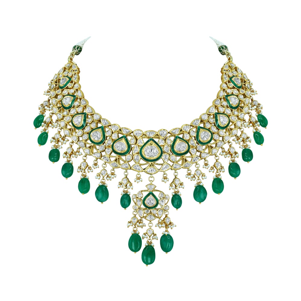 Pear Shaped Polki Choker with Emerald Drops and Cascading Design